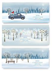 Merry Christmas and New Year Holiday banners  with evening landscape and trees with garland, evening landscape and blue car with 2024 numbers. Vector