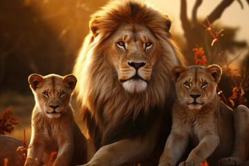 A family of lions basking in the golden sunlight, portraying the regal grace and power of African wildlife. Concept of feline majesty. Generative Ai.