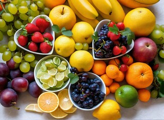 Conjunto de frutas surtidas saludables,  frutillas, arándanos, ciruelas, naranjas, bananas, uvas, manzanas, limones. Foto colorida ideal para nutricionista que recomienda dieta saludable. - obrazy, fototapety, plakaty
