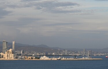 Cityscape View of Cyprus Greece Port and Island Hills