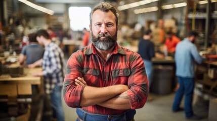 Fototapeta premium Skilled craftsman in workshop, confident woodworker in plaid shirt, artisan with arms crossed