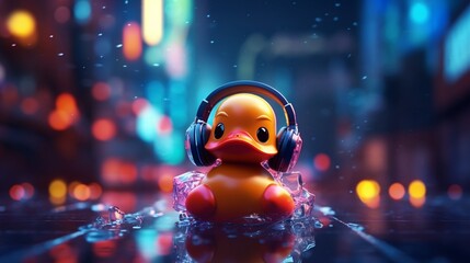 Trendy rubber duck with neon color photography image AI generated image - obrazy, fototapety, plakaty