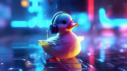 Trendy rubber duck with neon color photography image AI generated photo - obrazy, fototapety, plakaty