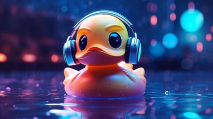 Trendy rubber duck with neon color photography image AI generated illustration - obrazy, fototapety, plakaty