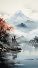 Mt Fuji and Yamanashi lake in Japan. Digital painting.
