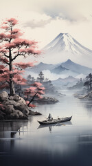 Mt Fuji and Kawaguchiko lake in Japan. Digital painting.