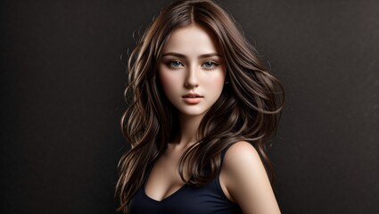 Fototapeta premium Portrait of a mysterious individual. Her long dark hair with the dark background creates a dramatic effect. The garment adds elegance. It is a statement of individuality and privacy in the digital age