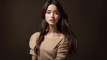 Fototapeta premium Portrait of a mysterious individual. Her long dark hair with the dark background creates a dramatic effect. The garment adds elegance. It is a statement of individuality and privacy in the digital age