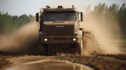 Truck racing down muddy prayi monster road illustration picture AI generated art - obrazy, fototapety, plakaty