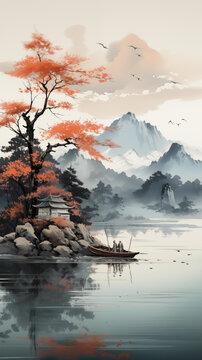 Autumn landscape with ancient pagoda and lake. Ink painting in traditional Japanese style