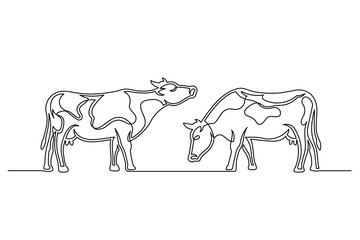 Continuous one line farm cows. Vintage farm cows isolated on a white background. Farm concept. Vector illustration