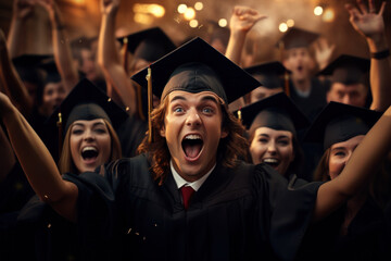 Obraz premium A college graduation ceremony with excited graduates in cap and gown, portraying academic achievements. Generative Ai.