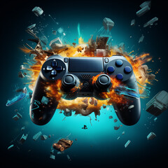 Epic game controller exploding. Gaming background