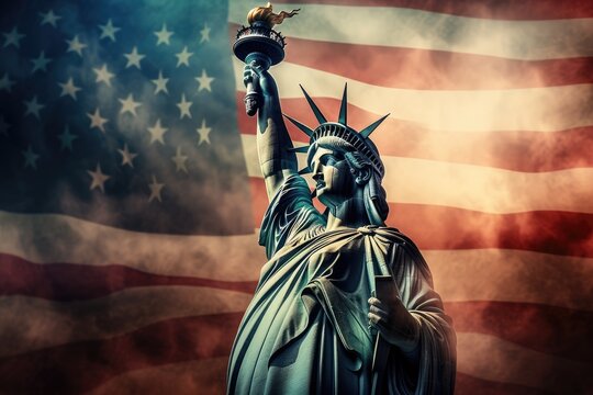 a statue of liberty is pictured with the american flag Generative AI