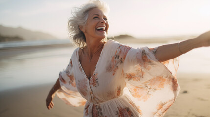 Candid shot of a glimmering, joyful, and optimistic senior woman, smiling and celebrating life on the beach at sunset with a floral dress by the ocean. - obrazy, fototapety, plakaty