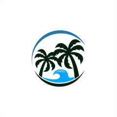 Fototapeta na wymiar logo design for coconut trees and waves, sea, vector waves, icon, symbol, beach, emblem, silhouette, logo design for t-shirts, island, paradise, holiday, travel, traveling, circle