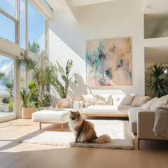 cat  is sunbathing in modern  pet friendly apartment living room