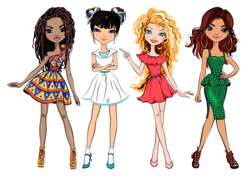 Vector SET of beautiful fashion girls of different races in summer clothes