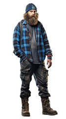 Fototapeta premium a male blue-collar worker with a Blue plaid flannel shirt, standing, full body in a PNG, in a Working man/Labor-themed, isolated, and transparent photorealistic illustration. Generative ai