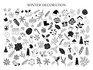 冬の植物とクリスマスの線画イラストセット