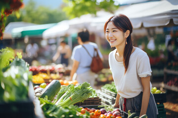 happy asian young woman grocery shopping in outdoor farmer market for her home cooking for family and friends