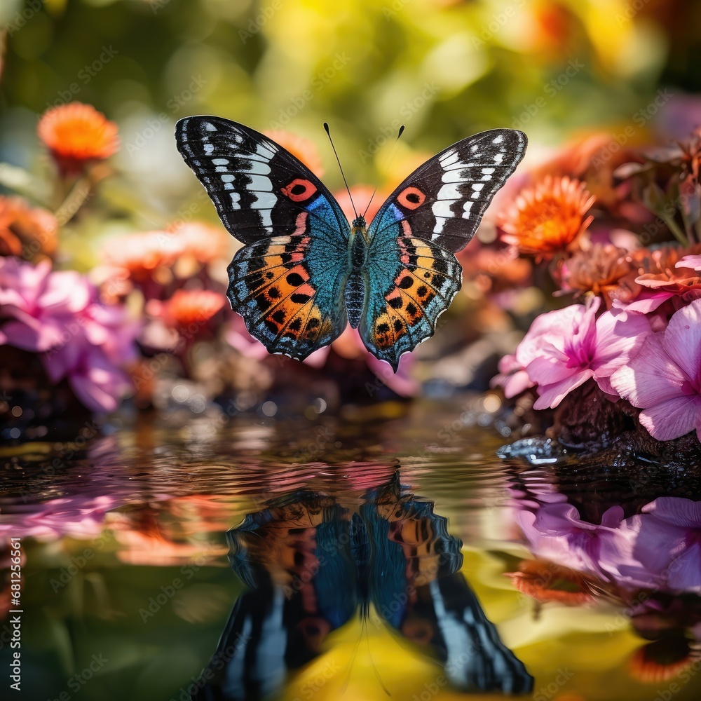 Poster fairytale butterfly in a beautiful pond with different colorful flowers dslr macro photography