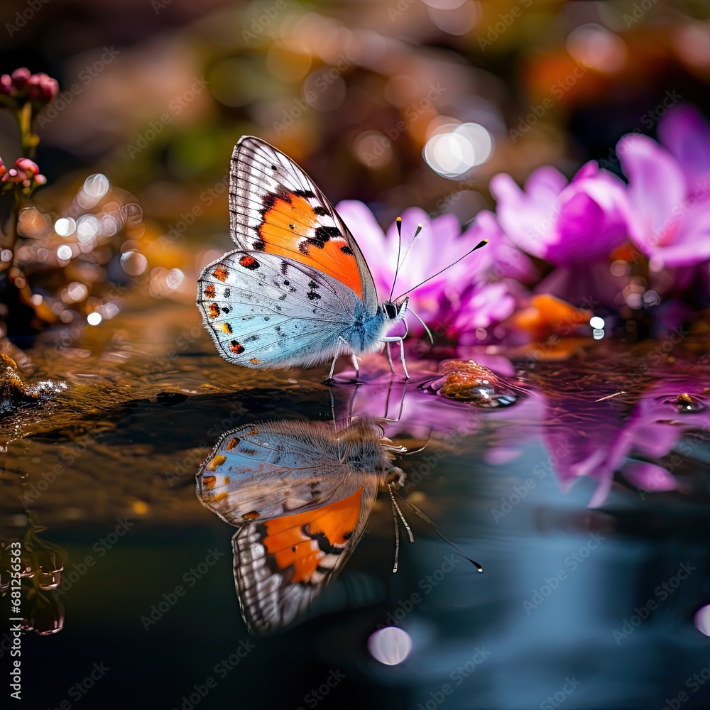 Poster fairytale butterfly in a beautiful pond with different colorful flowers dslr macro photography