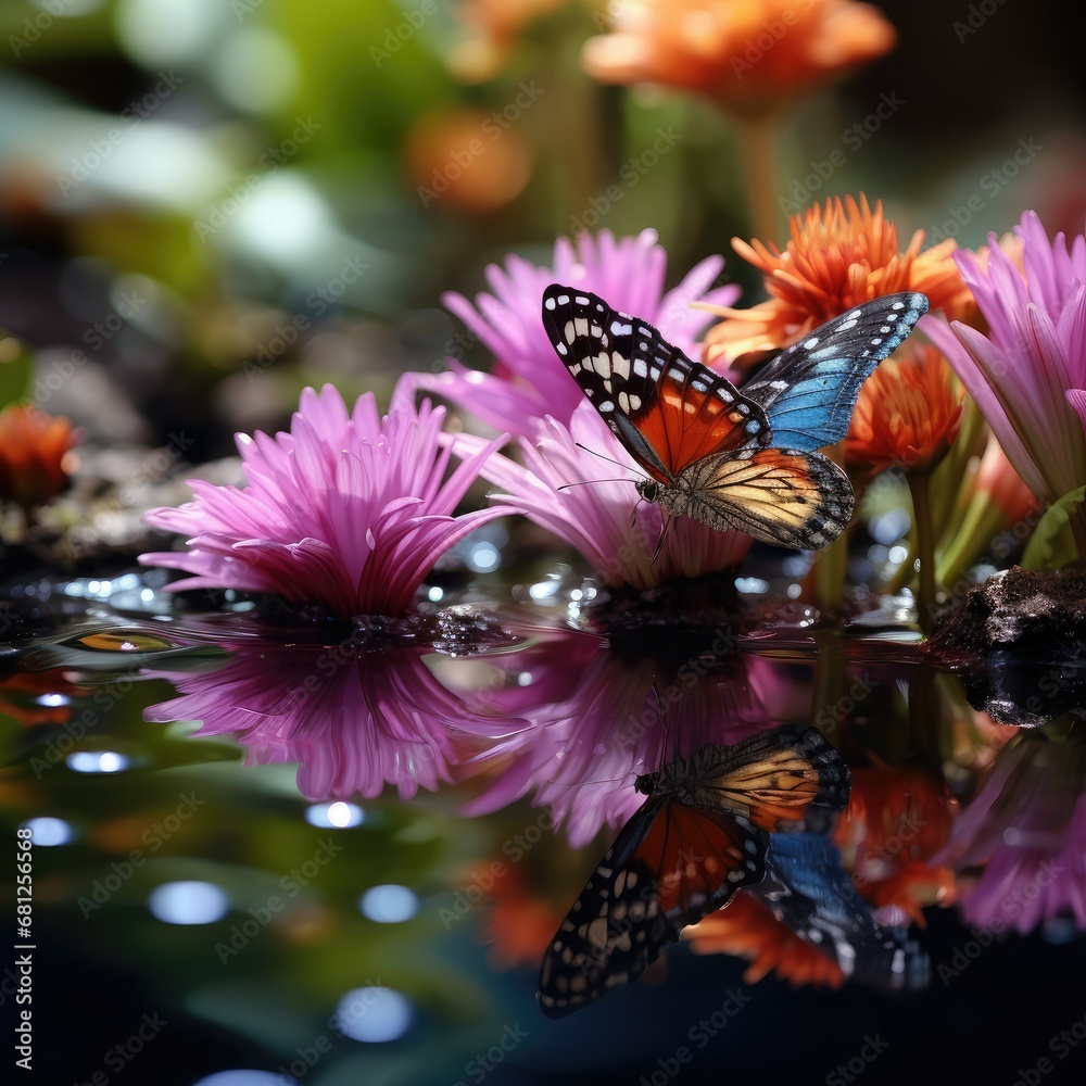 Poster fairytale butterfly in a beautiful pond with different colorful flowers dslr macro photography