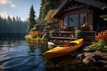 Obraz premium A serene lakeside cabin with a kayak by the dock, symbolizing the love of outdoor activities. Generative Ai.
