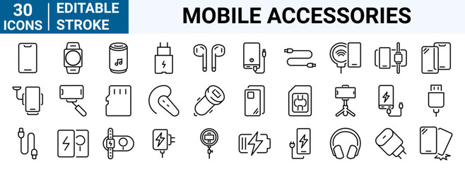 set of 30 line web icons Mobile phone accessories. Charging; Cables; Headphones; Case; Glass; Sim card. Editable stroke. - obrazy, fototapety, plakaty