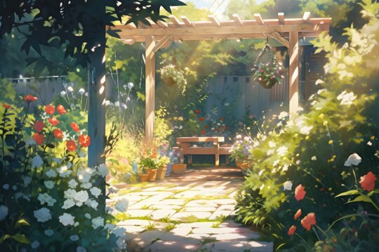 Backyard garden with vibrant flowers in full bloom, sunlight filtering leaves watercolor vector art