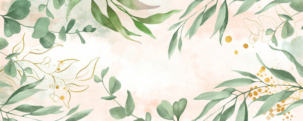 Watercolor floral background with eucalypt leaves and golden elements. Hand drawn illustration. - obrazy, fototapety, plakaty