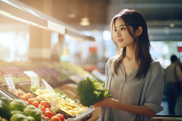 asian young woman  is shopping at farmer market