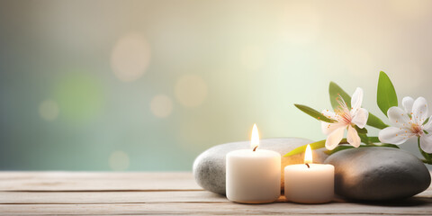 Zen stones, candles and white flower on beige background witn copy space, wellness and harmony, massage and bodycare, spa and wellness concept - obrazy, fototapety, plakaty