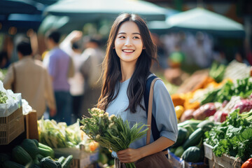 woman at the farmer market looking for the organic vegetable