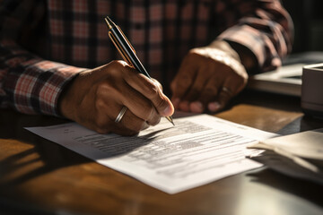 A close-up of a person's hand signing a tax return form. Concept of legal tax obligations. Generative Ai.
