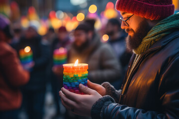 A person lighting a candle at a vigil to honor victims of homophobia, transphobia, and biphobia. Concept of remembrance and respect. Generative Ai. - obrazy, fototapety, plakaty