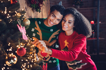 Photo of two friends feel cozy in decorated house room hang lights ornaments lights indoors