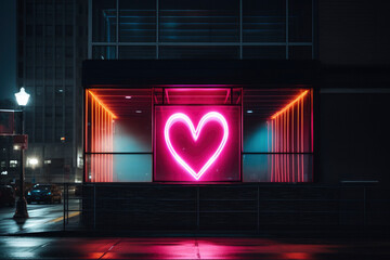 Neon light in a heart shape at night in the city romance concept