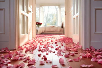Selbstklebende Fototapeten Rose petals on the floor of a nice home for Valentine's Day romance © Aevan