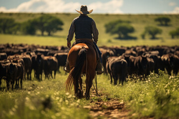 A rancher herding cattle on horseback in the open prairie. Concept of cattle ranching and livestock management. Generative Ai.