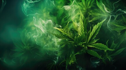 Hazy smoke backdrop with cannabis marijuana buds.