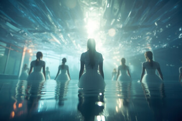 A synchronized swimming team practicing their routines in a synchronized swimming pool. Concept of artistic aquatic performance. Generative Ai. - obrazy, fototapety, plakaty