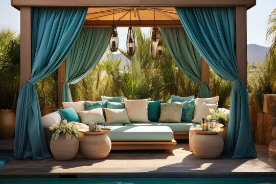 A poolside cabana with plush cushions and curtains for privacy. Concept of luxury relaxation. Generative Ai.