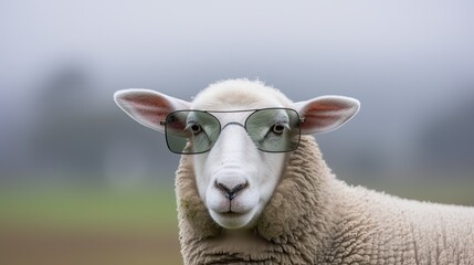 Fototapeta premium Sheep in sunglasses close-up. Anthopomorphic image. A fictional character for advertising and marketing. Humorous character for graphic design.