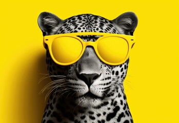 Snow leopard in sunglasses close-up. Portrait of a snow leopard. Anthopomorphic creature. Fictional character for advertising and marketing. Humorous character for graphic design. - obrazy, fototapety, plakaty
