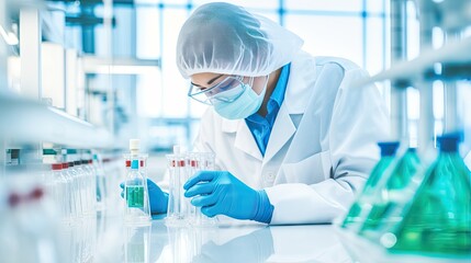 Scientist in a chemistry lab with flasks and other labware. Research and development concept for medical, biotechnology, molecular biology or chemistry research and development. Illustration.