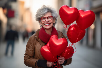 Middle aged woman on the city street holding a bunch of red heart shaped balloons on Valentines Day