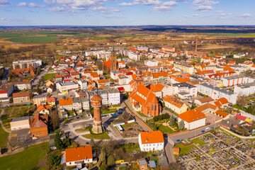 Aerial view of small Polish town of Zmigrod on spring day, Trzebnica County, Lower Silesian...