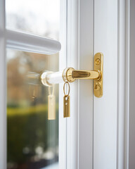 gold sash lock on a white window 